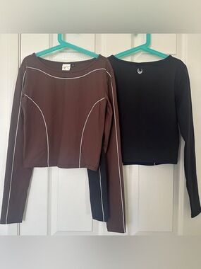 Lazuli Label XS Long Sleeve Crop Top Brown GUC & Black NWOT Piped Activewear Set